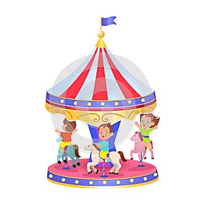 A carousel with horses, vector Illustration on a white background. Amusement park. Vector illustration for children.